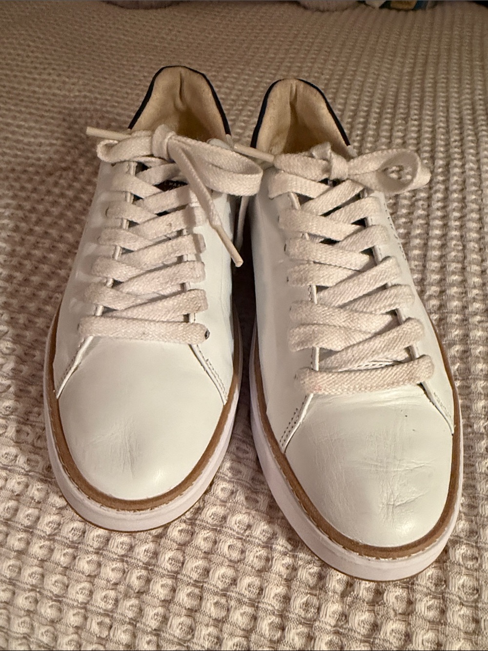 White Leather Low-Top Sneakers with Tan Trim by Cole Haan in size 7.5